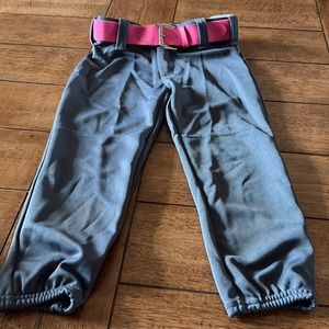 Grey girls softball pants with pink belt